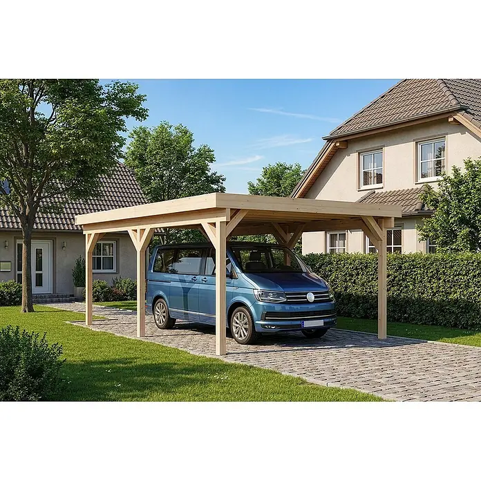 Alpholz Carport Camper - Außenmaß inkl. Dachüberstand (B x T): 4 x 7 m, Einzelcarport, Naturbelassen - Hölzerner Carport schützt einen blauen Van in einer Einfahrt.