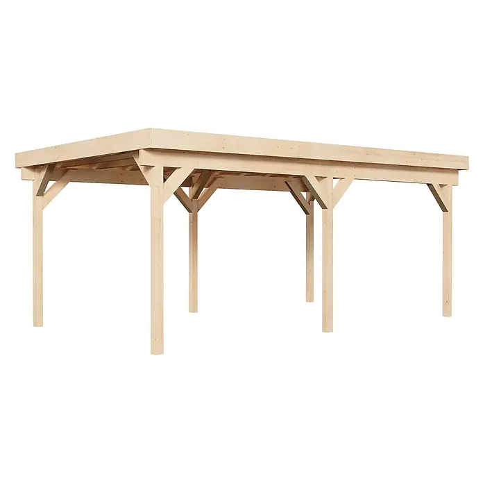 Alpholz Carport Camper - Außenmaß inkl. Dachüberstand (B x T): 4 x 7 m, Einzelcarport, Naturbelassen - Leichter Holz-Pergola-Rahmen mit flacher Dachkonstruktion und mehreren Stützpfosten.