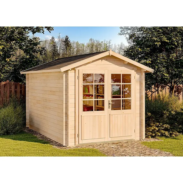 Alpholz Gerätehaus Bremen C - Außenbreite inkl. Dachüberstand: 270 cm, Außentiefe inkl. Dachüberstand: 420 cm, Holz, Naturbelassen - Hellholz-Gartenhaus mit Glastüren, Regale innen sichtbar.