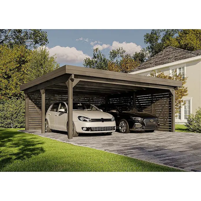 Alpholz Carport Olaf "Grey Line" - Außenmaß inkl. Dachüberstand (B x T): 6 x 6 m, Doppelcarport, Grau - Dunkelgrauer Holzcarport, der zwei Autos schützt, neben einem Haus und Garten.