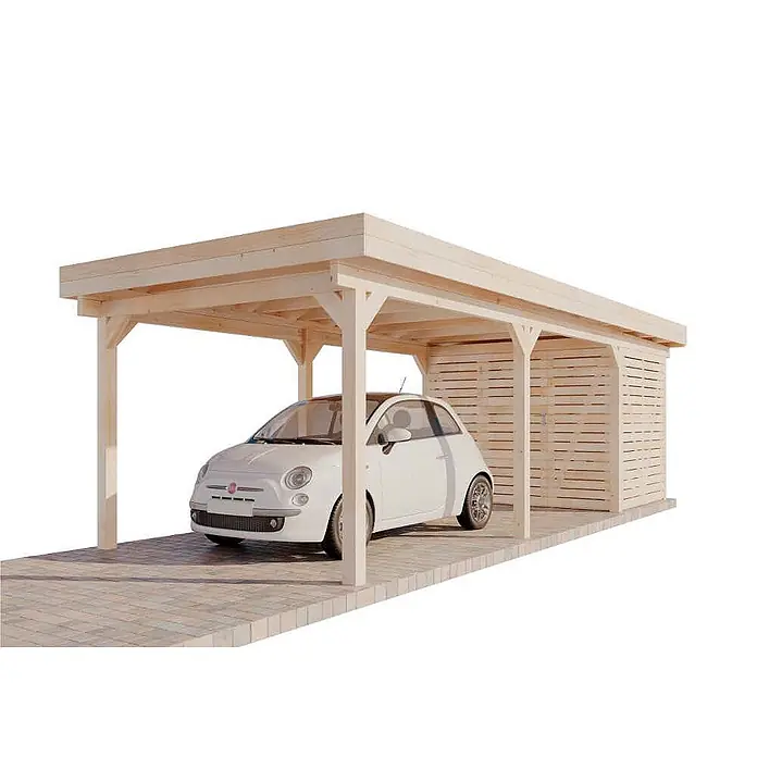 Alpholz Carport Freya - Außenmaß inkl. Dachüberstand (B x T): 3 x 8 m, Einzelcarport, Naturbelassen - Carport aus hellem Holz mit integriertem Geräteschuppen, schützt ein weißes Auto.