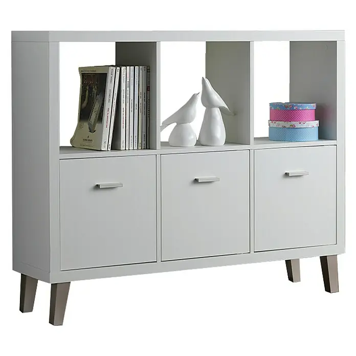 Aparador Venecia - L x An x Al: 30 x 117 x 94 cm, Blanco - Librería gris con cajones y decoraciones en los estantes, ideal para almacenar libros y objetos decorativos con estilo.