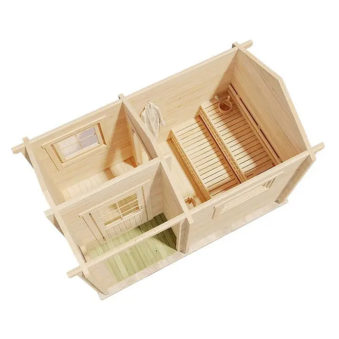 FinnTherm Saunahaus Basel 70 - L x B x H: 250 x 407 x 270 cm - Helles Holzsauna-Hüttenmodell, zeigt Innenaufteilung mit Saunabänken und kleiner Veranda.