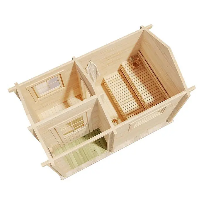 FinnTherm Saunahaus Basel 70 - L x B x H: 250 x 407 x 270 cm - Helles Holzsauna-Modell mit offenem Dach, zeigt Innenräume, Saunabänke und eine kleine Veranda.