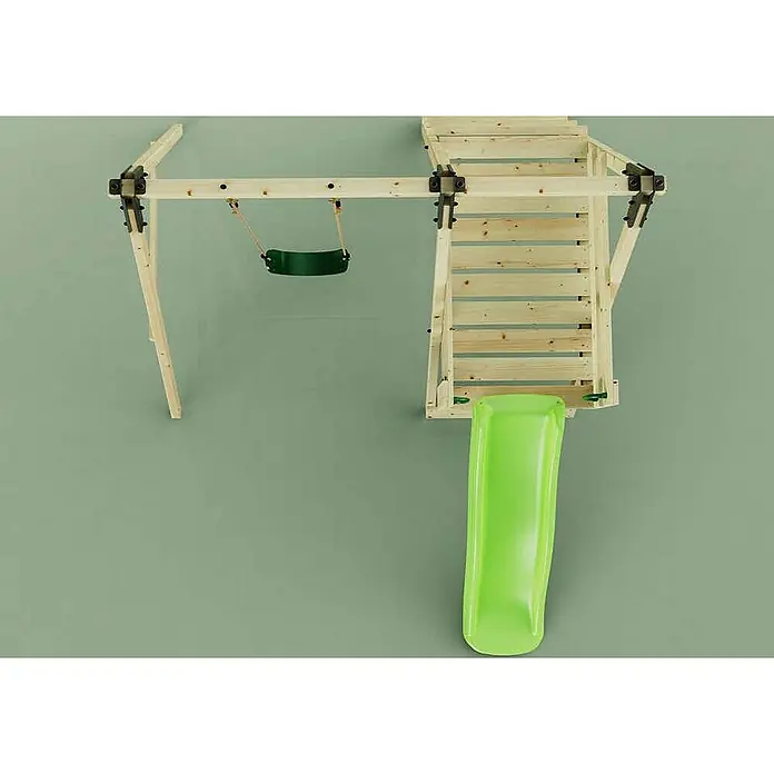 OutdoorToys Kinderspielturm Rebo Schaukel Orchidee hellgrün - L x B x H: 297 x 201 x 187 cm, Grün - Hölzernes Kinderspielgerüst mit grüner Schaukel und grüner Rutsche, von oben gesehen.