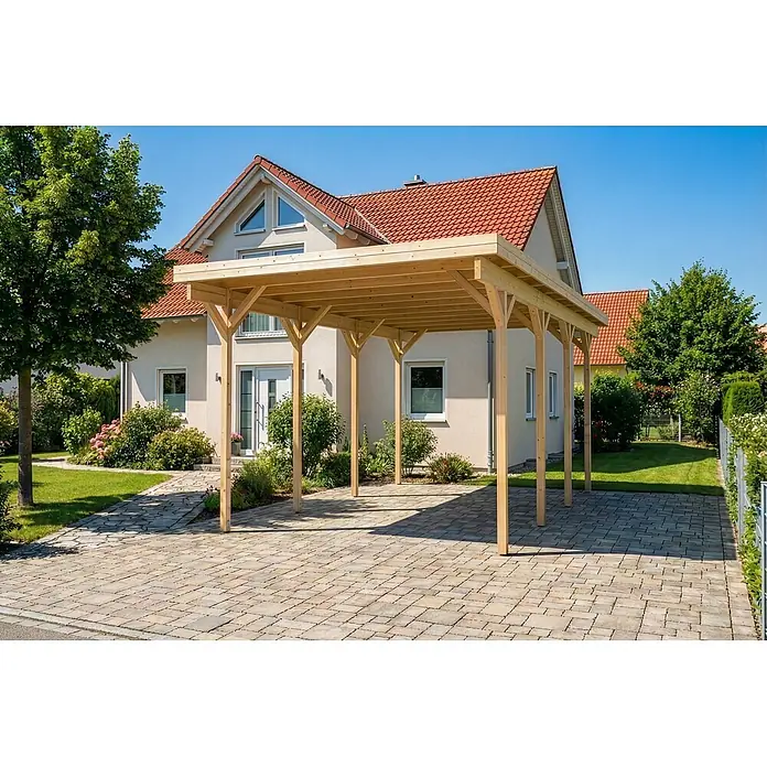 Alpholz Carport Wohnmobil Carport - Außenmaß inkl. Dachüberstand (B x T): 4 x 8 m, Einzelcarport, Naturbelassen - Heller Holz-Carport über einer gepflasterten Einfahrt vor einem Haus installiert.