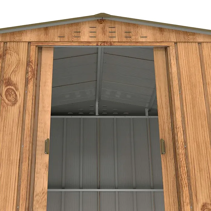 Duramax Gerätehaus DURAMAX Metall 2,6x1,8m Holzoptik - Außenbreite inkl. Dachüberstand: 261,6 cm, Außentiefe inkl. Dachüberstand: 183 cm, Metall, Braun - Innenansicht eines Geräteschuppens: Holzoptik-Schiebetüren öffnen sich zu Wellblech-Innenraum und -Dach.