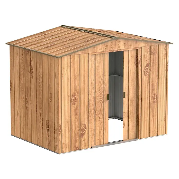 Duramax Gerätehaus DURAMAX Metall 2,6x1,8m Holzoptik - Außenbreite inkl. Dachüberstand: 261,6 cm, Außentiefe inkl. Dachüberstand: 183 cm, Metall, Braun - Gartenhaus aus Holzoptik-Metall mit Doppelschiebetüren und schrägem Dach.