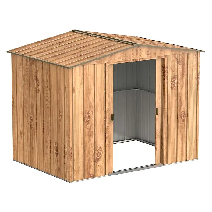 Duramax Gerätehaus DURAMAX Metall 2,6x1,8m Holzoptik - Außenbreite inkl. Dachüberstand: 261,6 cm, Außentiefe inkl. Dachüberstand: 183 cm, Metall, Braun - Metallgartenhaus in Holzoptik, hellbraune Dielenstruktur, schräges Dach, offene Doppelschiebetüren mit grauem Innenraum.