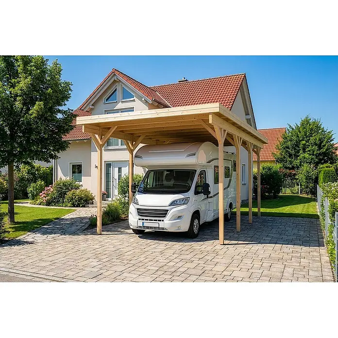 Alpholz Carport Wohnmobil Carport - Außenmaß inkl. Dachüberstand (B x T): 4 x 8 m, Einzelcarport, Naturbelassen - Holzcarport schützt weißen Wohnmobil auf gepflasterter Einfahrt.