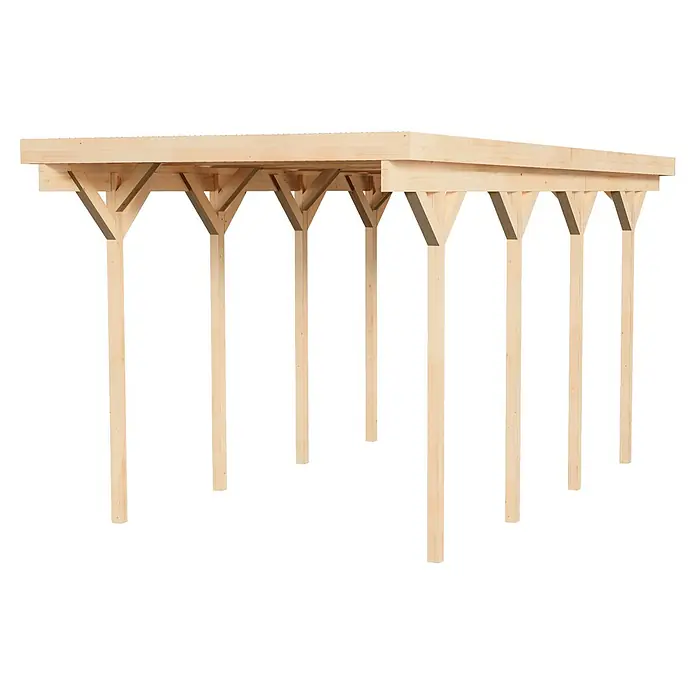 Alpholz Carport Wohnmobil Carport - Außenmaß inkl. Dachüberstand (B x T): 4 x 8 m, Einzelcarport, Naturbelassen - Helles Holz-Pergola-Gerüst mit Pfosten, verbindenden Balken und diagonalen Streben.