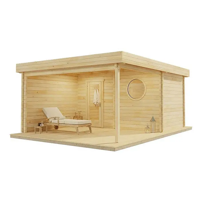 FinnTherm Saunahaus Cubus 70 Royal - L x B x H: 441 x 544 x 236 cm - Gartensauna/Pavillon aus hellem Holz mit Flachdach, Veranda, Liegestuhl und Rundfenster. Ideal zur Entspannung im Freien.