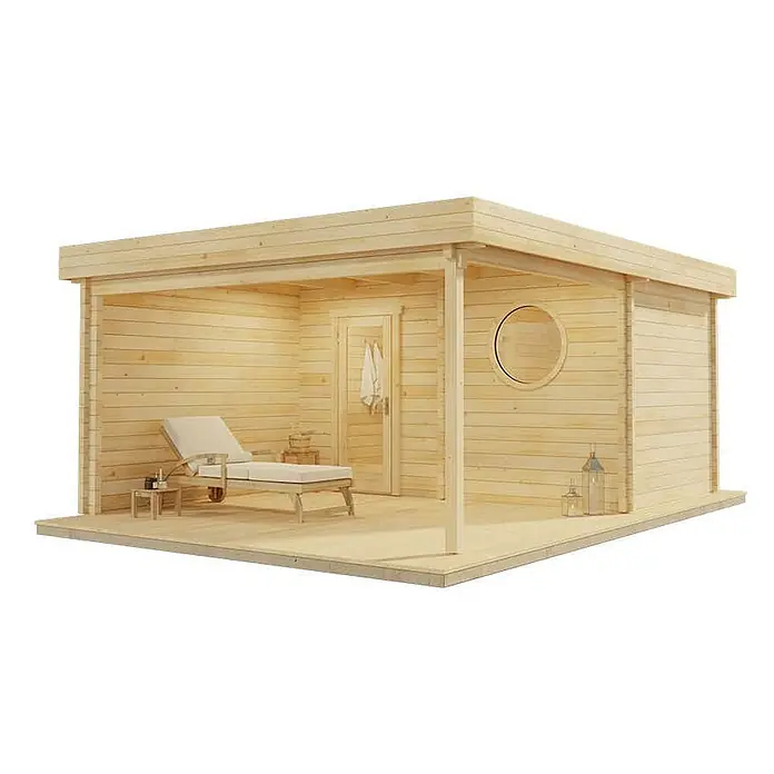 FinnTherm Saunahaus Cubus 70 Royal - L x B x H: 441 x 544 x 236 cm - Helle Holz-Außensauna mit überdachter Terrasse und Liegebereich.