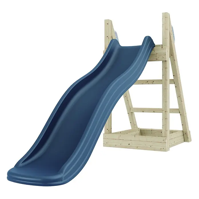 OutdoorToys Rutsche Gazelle - B x L: 22 x 60 cm, Holz, Blau - Dunkelblaue, gewellte Kunststoffrutsche mit heller Holzstützstruktur für einen Spielplatz.