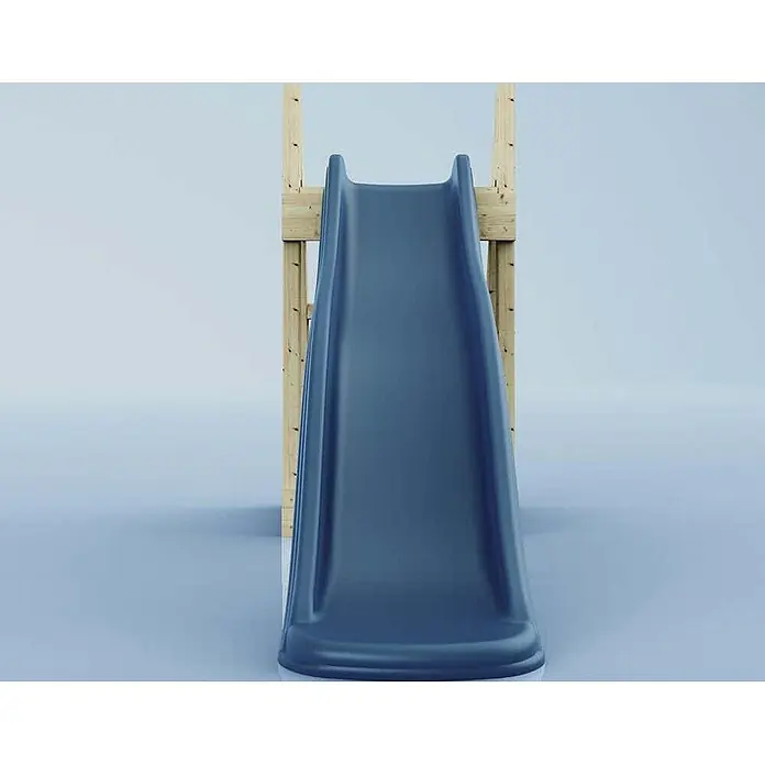 OutdoorToys Rutsche Gazelle - B x L: 22 x 60 cm, Holz, Blau - Dunkelblaue Kunststoffrutsche mit Holzstützkonstruktion, von vorne gesehen.