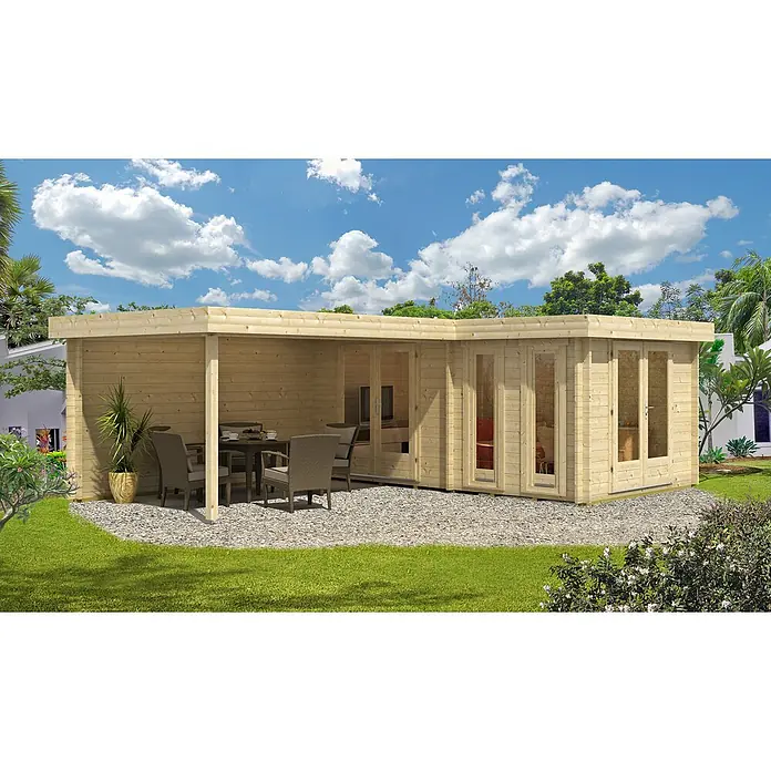 FinnTherm Saunahaus Quinta - L x B x H: 510 x 72 x 228 cm - L-förmige hellholz Garten-Blockhütte mit integrierter überdachter Terrasse, Glastüren und Essbereich im Freien.