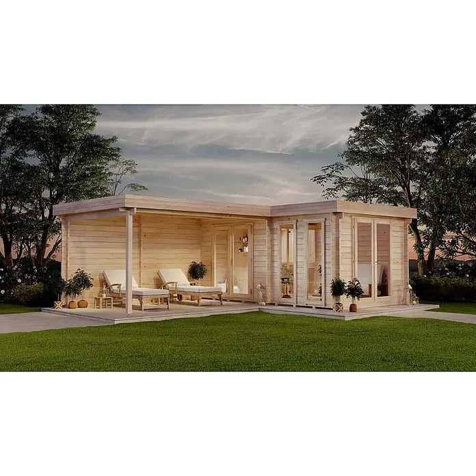 FinnTherm Saunahaus Quinta - L x B x H: 520 x 72 x 243 cm - L-förmiges helles Holzgartenhaus mit großen Glastüren und integrierter überdachter Terrasse im Garten.