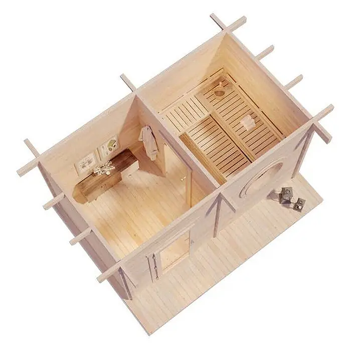 FinnTherm Saunahaus Cubus 70 C 70mm Wandstärke -  - Modell einer hellen Holzsauna mit offenem Dach, das den Saunaraum und den Umkleidebereich zeigt.