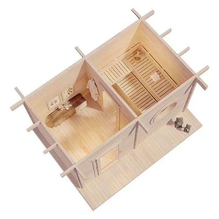 FinnTherm Saunahaus Cubus 70 C 70mm Wandstärke -  - Modell eines hellen Holzsaunahauses mit Saunakabine, Umkleide und Veranda.