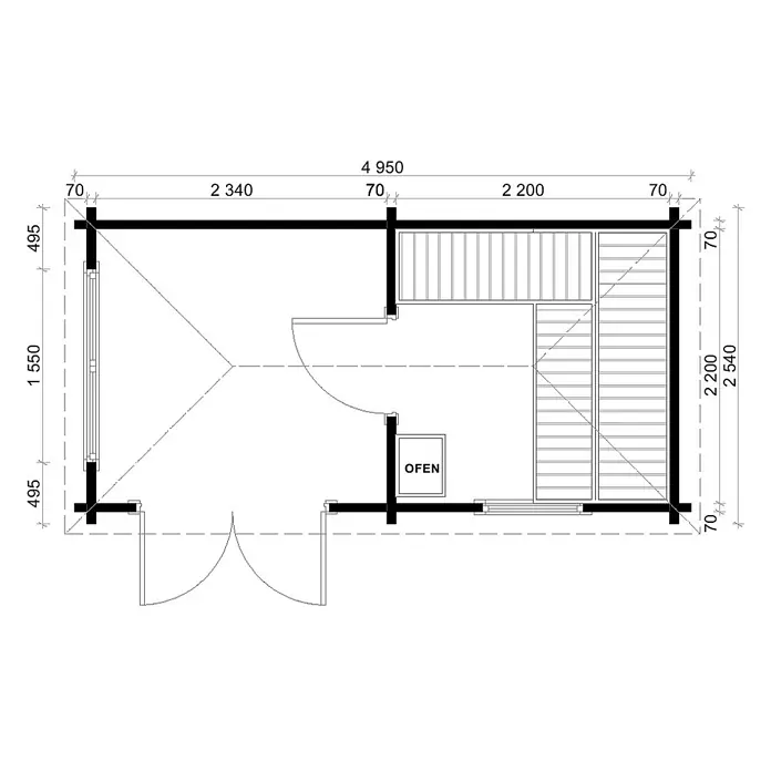 FinnTherm Saunahaus Pori 70 - L x B x H: 274 x 508 x 263 cm - Detaillierter Grundriss mit Raumaufteilung, Maßen, einer Tür, einem Fenster und einem Ofen.