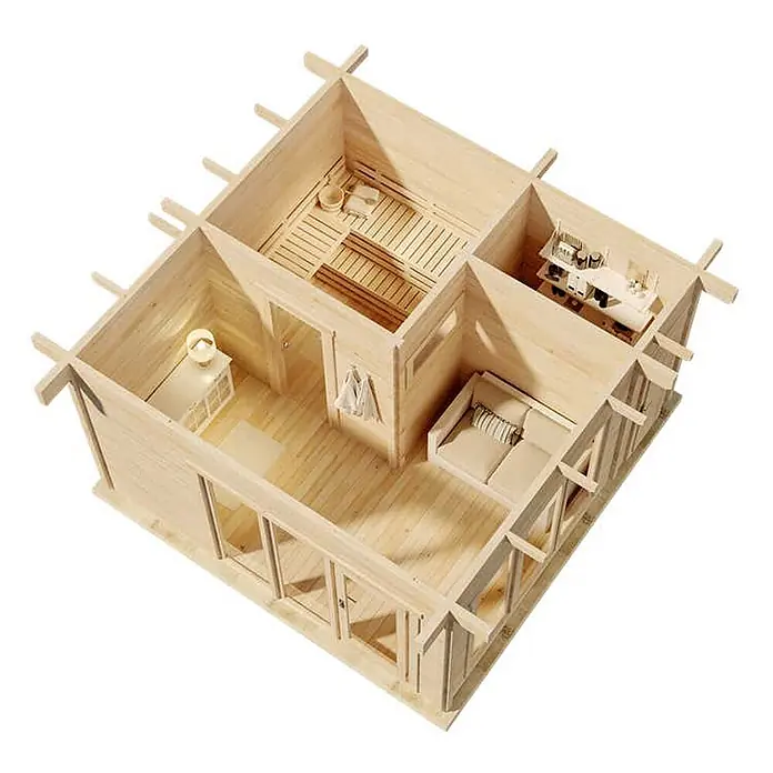 FinnTherm Saunahaus Cubus 70 E - L x B x H: 498 x 498 x 257 cm - Hellholz-Modellhütte mit offenem Dach, mit Sauna, Wohnbereich mit Sofa und kleiner Küchenzeile.