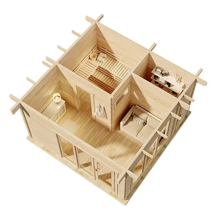 FinnTherm Saunahaus Cubus 70 E - L x B x H: 498 x 498 x 257 cm - Miniaturmodell einer vorgefertigten Mehrraum-Holzhütte mit Sauna, Wohnbereich und kompaktem Nutzraum.