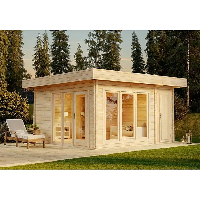 FinnTherm Saunahaus Cubus 70 E - L x B x H: 498 x 498 x 257 cm - Modernes Gartenhaus mit Flachdach aus hellem Holz, mit Glastüren und Fenstern, ideal für den Garten.
