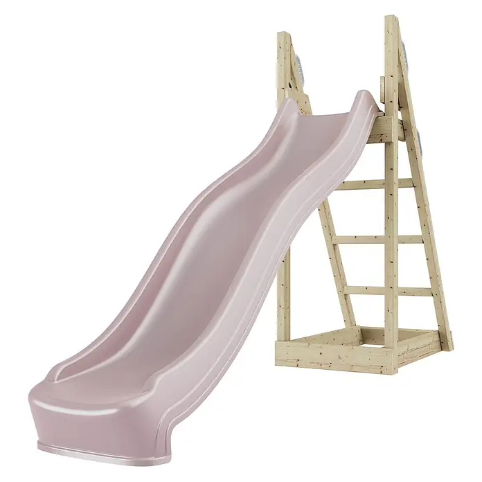OutdoorToys Rutsche Luchs - B x L: 285 x 60 cm, Holz, Rosa - Hellrosa Kunststoffrutsche mit natürlichem Holz-Klettergerüst, für Kinder zum Spielen.