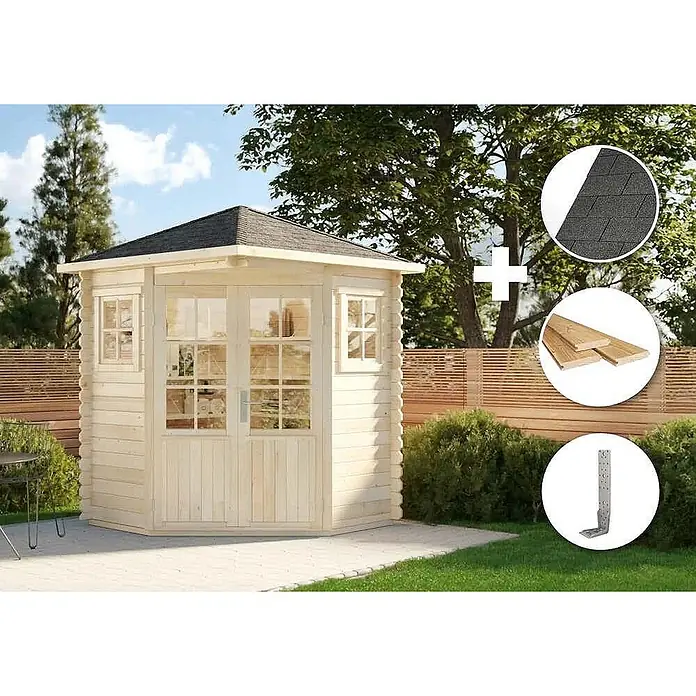 Alpholz Gartenhaus ECO Set Sunny A imprägniert - Außenmaß inkl. Dachüberstand (B x T): 220 x 220 cm, Holz, Pinie - Helles Gartenhaus aus Holz mit schwarzem Schindeldach, Doppeltür und Fenstern, dazu Dachschindeln, Holzbretter und Winkel.