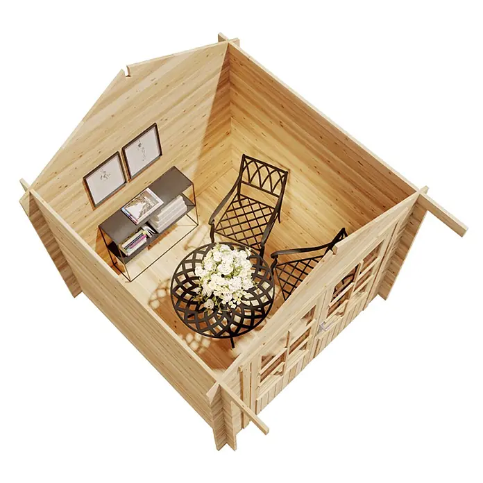 Alpholz Gartenhaus Palma - Außenmaß inkl. Dachüberstand (B x T): 260 x 261 cm, Holz, Pinie - Helles Gartenhaus aus Holz mit offener Oberseite, eingerichtet mit einem dunklen Metalltisch, zwei Stühlen und einem kleinen Regal.