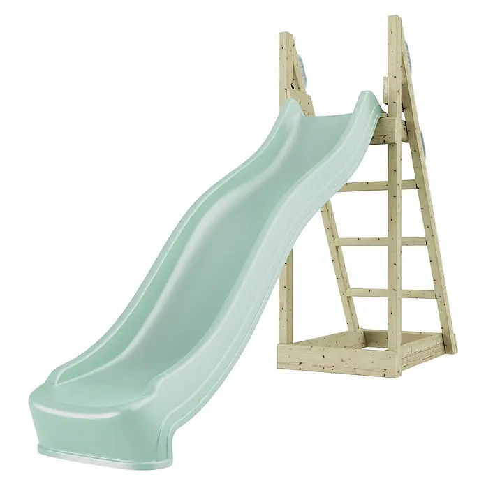 OutdoorToys Rutsche Werwolf - B x L: 285 x 60 cm, Holz, Grün - Hellgrüne Kunststoff-Spielplatzrutsche mit Holzrahmen und Leiter.