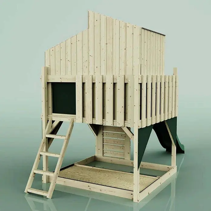 OutdoorToys Kinderspielturm Spielhaus Komet - L x B x H: 415 x 191 x 292 cm, Grün - Hölzerne Spielstruktur mit erhöhtem Spielhaus, Leiter, integriertem Sandkasten und dunkelgrüner Rutsche.