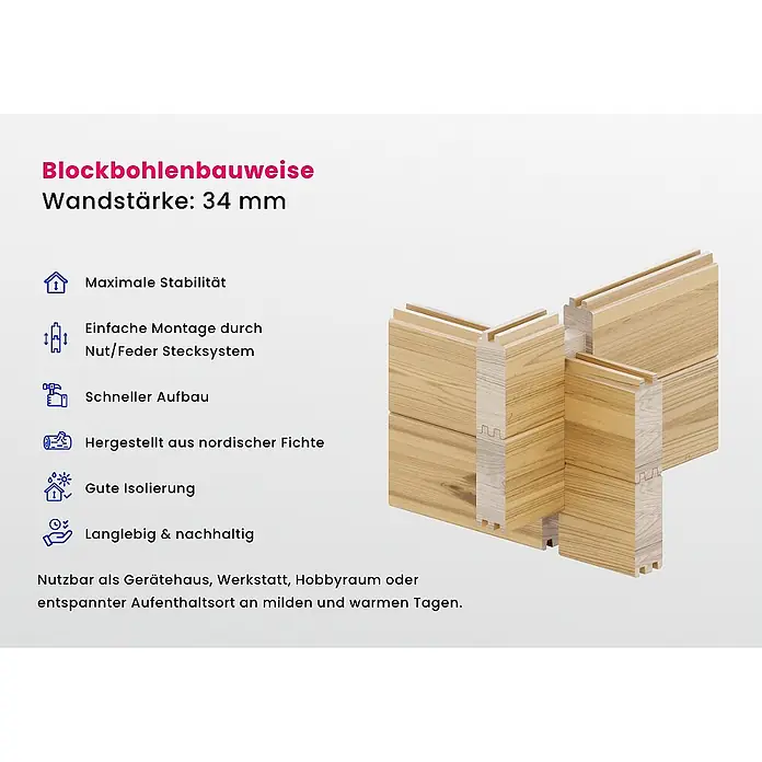 Alpholz Gartenhaus Julia - Außenmaß inkl. Dachüberstand (B x T): 598 x 410 cm, Holz, Naturbelassen - Querschnitte von 34 mm starken nordischen Fichten-Blockbohlen mit Nut/Feder-Stecksystem, ideal für stabile Bauten.