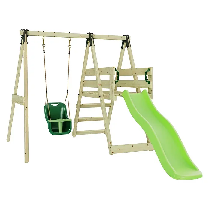 OutdoorToys Kinderspielturm Rebo Schaukel Hortensie Grün - Holz, Grün - Hölzernes Schaukelgerüst mit grüner Babyschaukel und hellgrüner Rutsche, geeignet für den Außenbereich.