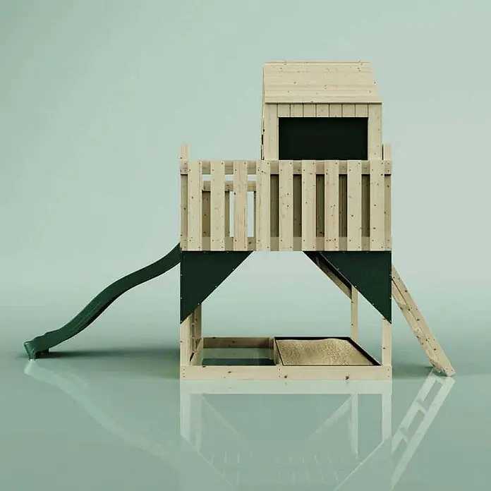 OutdoorToys Kinderspielturm Spielhaus Meteorit - L x B x H: 415 x 191 x 292 cm, Grün - Spielturm aus Holz mit grüner Rutsche, Leiter und integriertem Sandkasten darunter.