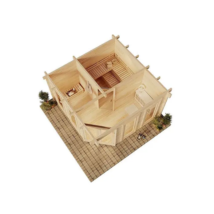 FinnTherm Saunahaus Magnus 70 - L x B x H: 426 x 426 x 230 cm - Modell eines Saunahauses aus hellem Holz mit Innenräumen, inklusive Sauna und Waschbecken.