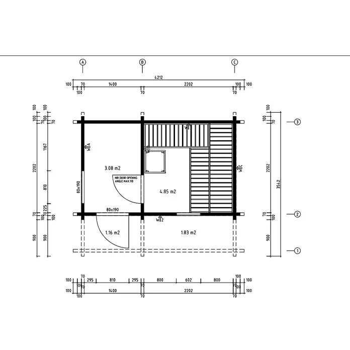 FinnTherm Saunahaus Feldkirch 70 - L x B x H: 356 x 421 x 236 cm - Grundriss eines kleinen Gebäudes, wahrscheinlich einer Sauna, mit Raumaufteilungen, Maßen und Flächen für Bau oder Planung.