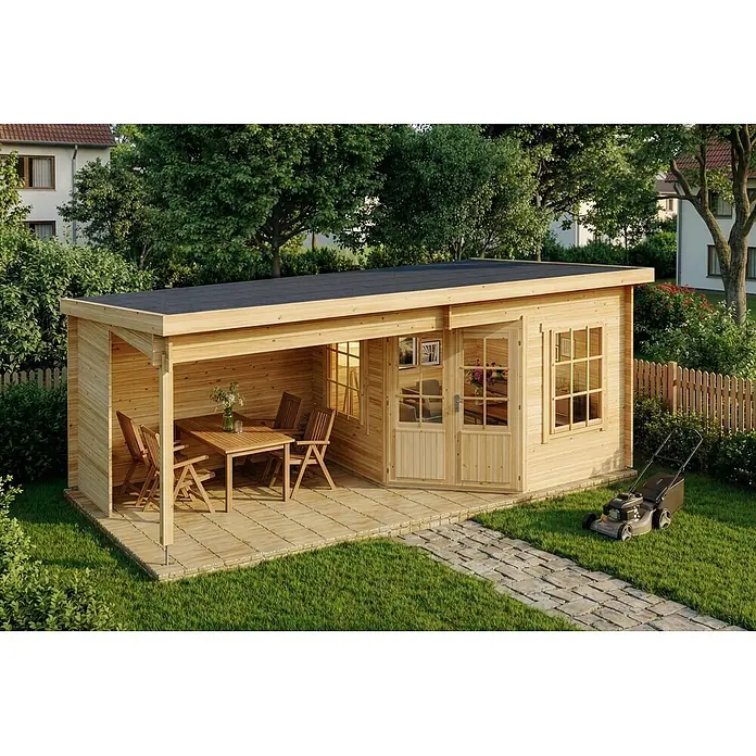 Alpholz Gartenhaus Carl - Außenmaß inkl. Dachüberstand (B x T): 598 x 330 cm, Holz, Naturbelassen - Helles Holzgartenhaus mit schwarzem Dach und überdachter Terrasse, möbliert für den Außenbereich.