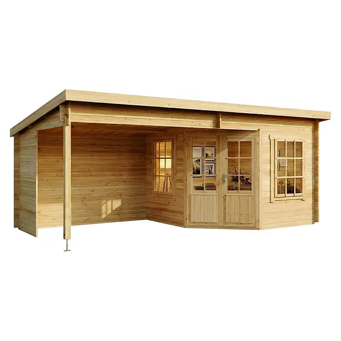 Alpholz Gartenhaus Carl - Außenmaß inkl. Dachüberstand (B x T): 598 x 330 cm, Holz, Naturbelassen - Holz-Gartenhaus aus hellem Holz mit Doppeltür, Fenstern und überdachter Veranda.