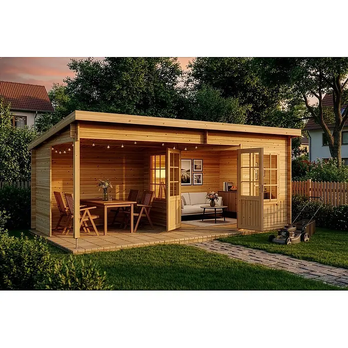 Alpholz Gartenhaus Carl - Außenmaß inkl. Dachüberstand (B x T): 598 x 330 cm, Holz, Naturbelassen - Hölzernes Gartenhaus mit offener Terrasse, eingerichtet für Entspannung und Outdoor-Wohnen.