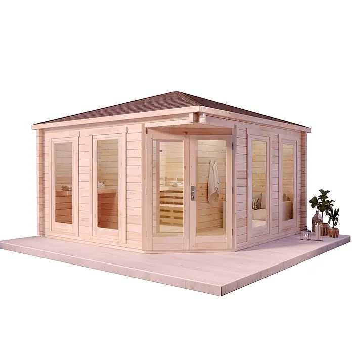 FinnTherm Saunahaus Sandor 70 - L x B x H: 410 x 41 x 290 cm - Helles Holz-Gartenhaus mit braunem Dach und integrierter Terrasse, verglasten Türen und Sauna-Interieur.