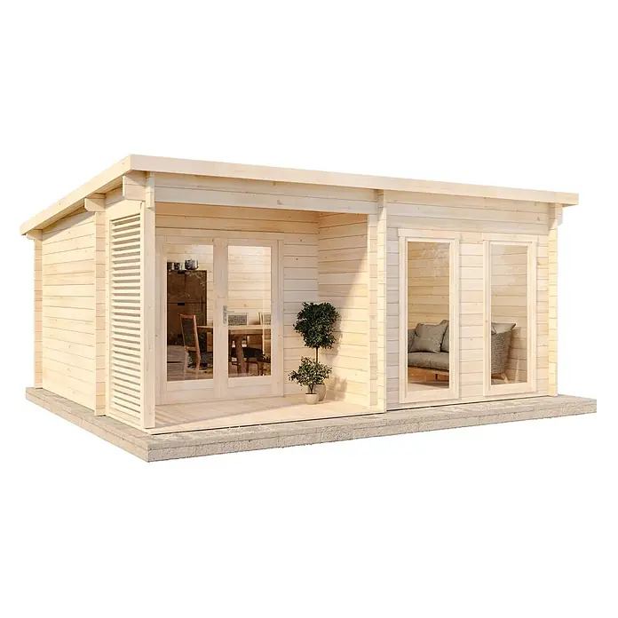 Alpholz Gartenhaus Orkus - Außenmaß inkl. Dachüberstand (B x T): 560 x 440 cm, Holz, Naturbelassen - Heller Holz-Gartenraum mit verglasten Doppeltüren, kleiner Veranda und zusätzlichen Glaspaneelen.