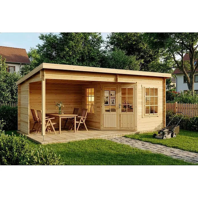 Alpholz Gartenhaus Carl - Außenmaß inkl. Dachüberstand (B x T): 598 x 330 cm, Holz, Naturbelassen - Helles Holz-Gartenhaus mit überdachter Terrasse, im Garten mit Gartenmöbeln.