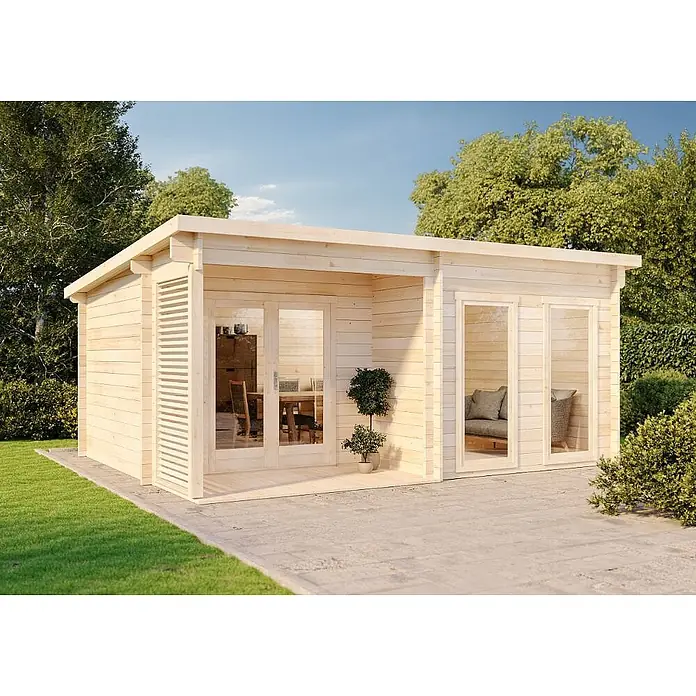Alpholz Gartenhaus Orkus - Außenmaß inkl. Dachüberstand (B x T): 560 x 440 cm, Holz, Naturbelassen - Helle Gartenhütte aus Holz mit großen Glastüren, bietet zwei separate Innenräume, auf einer Terrasse im Grünen.