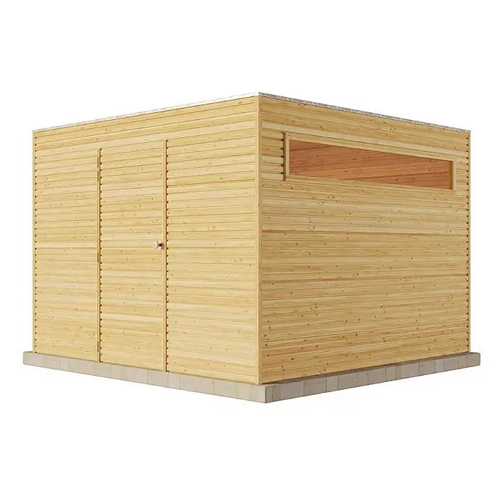 Fjordholz Gartenhaus QB - Außenmaß inkl. Dachüberstand (B x T): 300 x 300 cm, Holz, Braun - Heller Holzgeräteschuppen mit einer Tür und einem horizontalen Fenster auf Betonfundament.