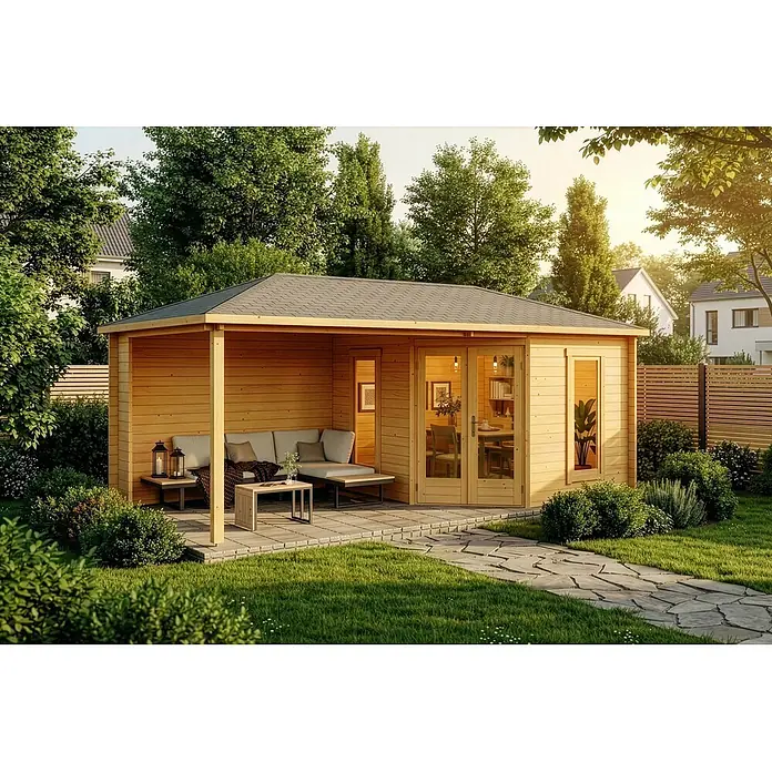 Alpholz Gartenhaus Liwa - Außenmaß inkl. Dachüberstand (B x T): 614 x 317 cm, Holz, Pinie - Holz-Gartenhaus mit grauem Dach und integrierter überdachter Terrasse, möbliert mit Sitzgelegenheiten, in einem grünen Garten.