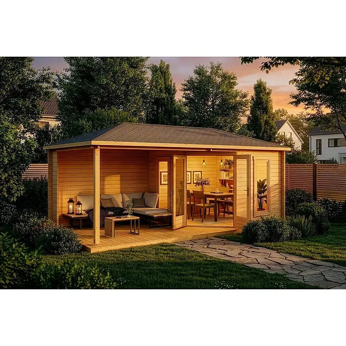 Alpholz Gartenhaus Liwa - Außenmaß inkl. Dachüberstand (B x T): 614 x 317 cm, Holz, Pinie - Gemütliches Gartenhaus aus Holz mit überdachter Veranda und eingerichtetem Innenraum, in einem Garten bei Sonnenuntergang.