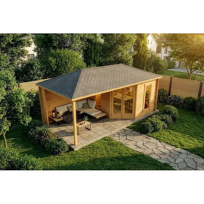Alpholz Gartenhaus Liwa - Außenmaß inkl. Dachüberstand (B x T): 614 x 317 cm, Holz, Pinie - Holz-Gartenhaus mit integrierter überdachter Terrasse, mit Sitzgelegenheiten im Freien und Essbereich innen, in einem Garten gelegen.