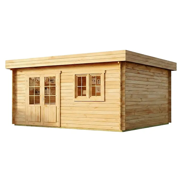 Alpholz Gartenhaus Spree B - Außenmaß inkl. Dachüberstand (B x T): 520 x 420 cm, Holz, Naturbelassen - Heller Holz-Gartenschuppen mit doppelter Glastür und Fenstern.