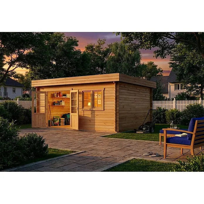 Alpholz Gartenhaus Spree B - Außenmaß inkl. Dachüberstand (B x T): 520 x 420 cm, Holz, Naturbelassen - Holzlagerhaus mit offenen Doppeltüren und Fenstern, das Lagerraum im Inneren zeigt, auf einer Gartenterrasse.
